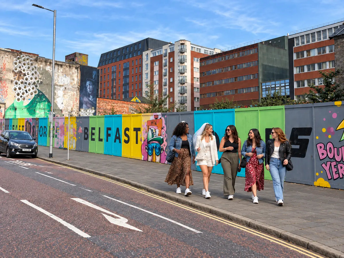 Bride and friends walking beside colourful Belfast street art during a hen party weekend.