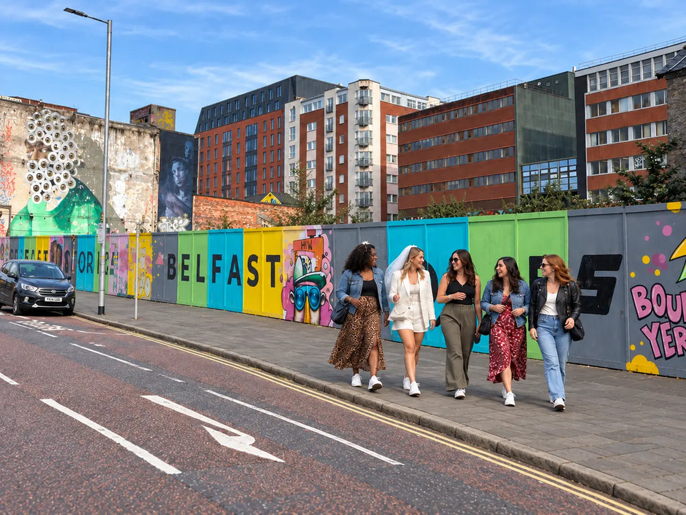 Bride and friends walking beside colourful Belfast street art during a hen party weekend.