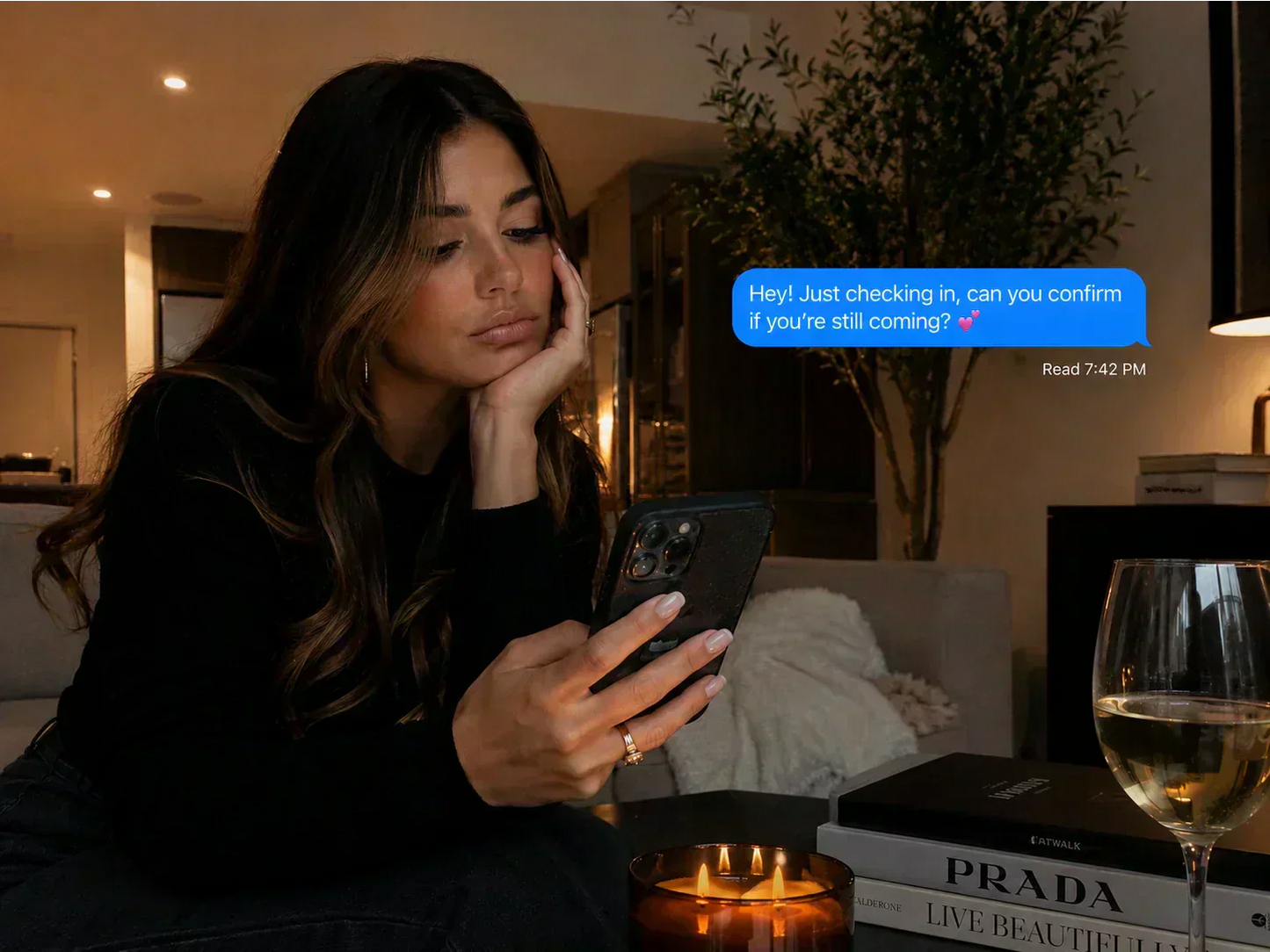 Bride-to-be checking her phone and waiting for group chat responses while planning a hen party, sitting indoors with a glass of wine and candlelit décor.