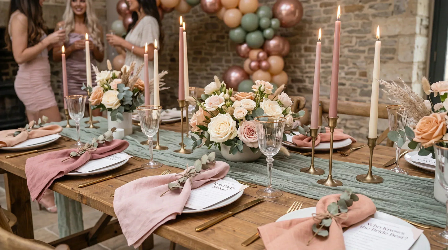 Hen party with with beautiful pink and sage tablescape.