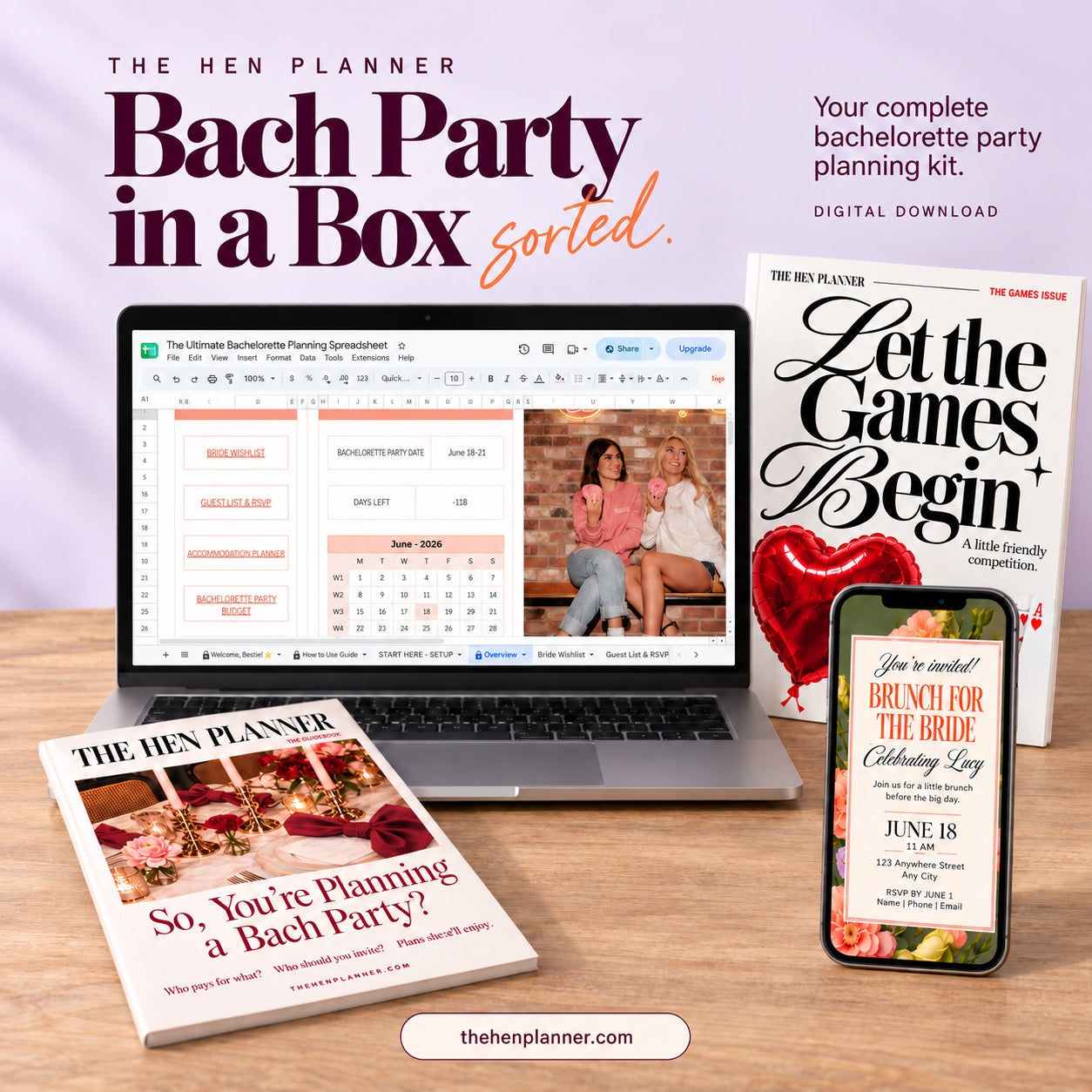 Bach Party in a Box digital planning kit with a spreadsheet, party guides and an editable brunch invitation.