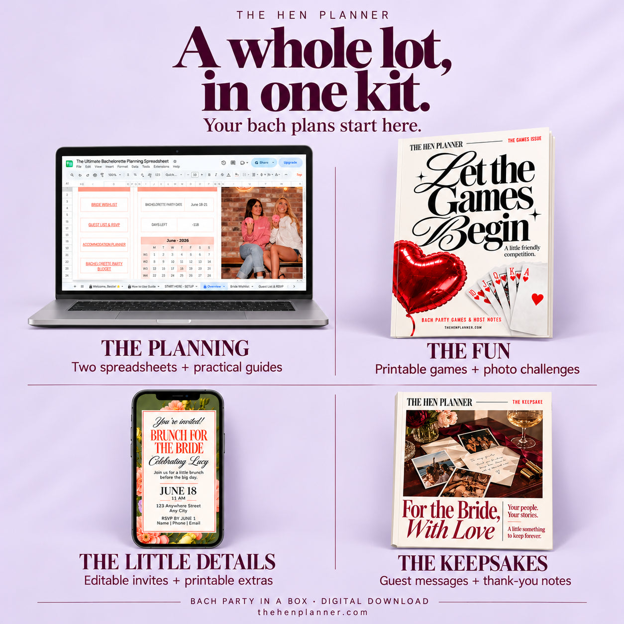 Overview of Bach Party in a Box showing planning tools, printable games, invitations, and a bride keepsake book.