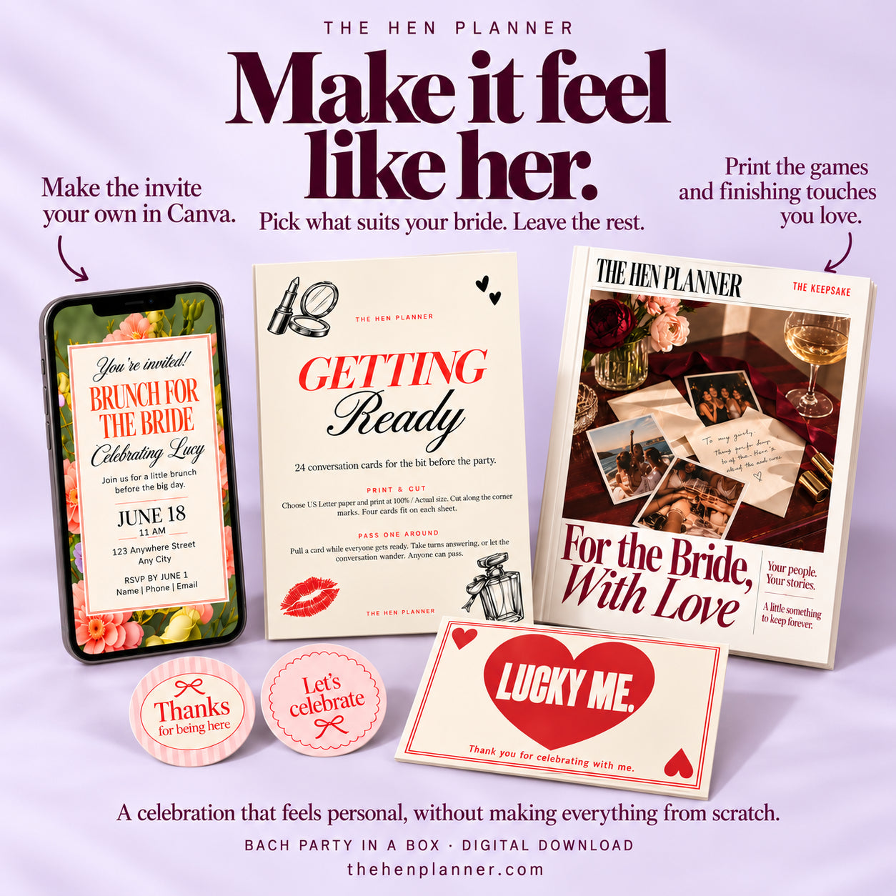 Bachelorette invitation, getting-ready conversation cards, and bride keepsake book with printable thank-you cards.