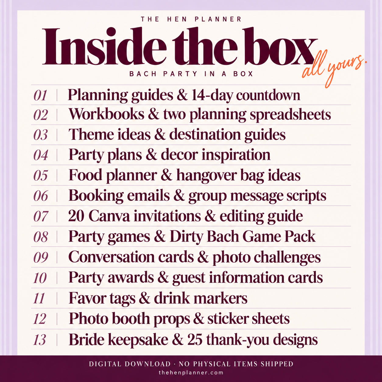A digital listing preview for 'Inside the box: Bach Party in a Box' by The Hen Planner, showing a numbered list of 13 included digital download items on a cream background with a purple border.