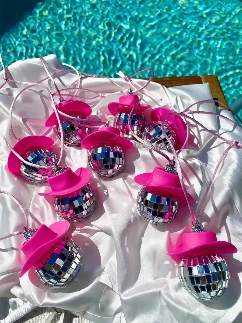 Pink Cowgirl CowBoy Hat Car Charm Rear View Mirror Hanging Disco Ball Bling Keychain Western Accessories Bag Decor Car Makeover The Hen Planner