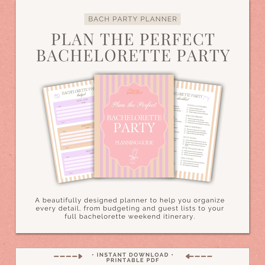 Bachelorette party planner with pink and white design on a light pink background