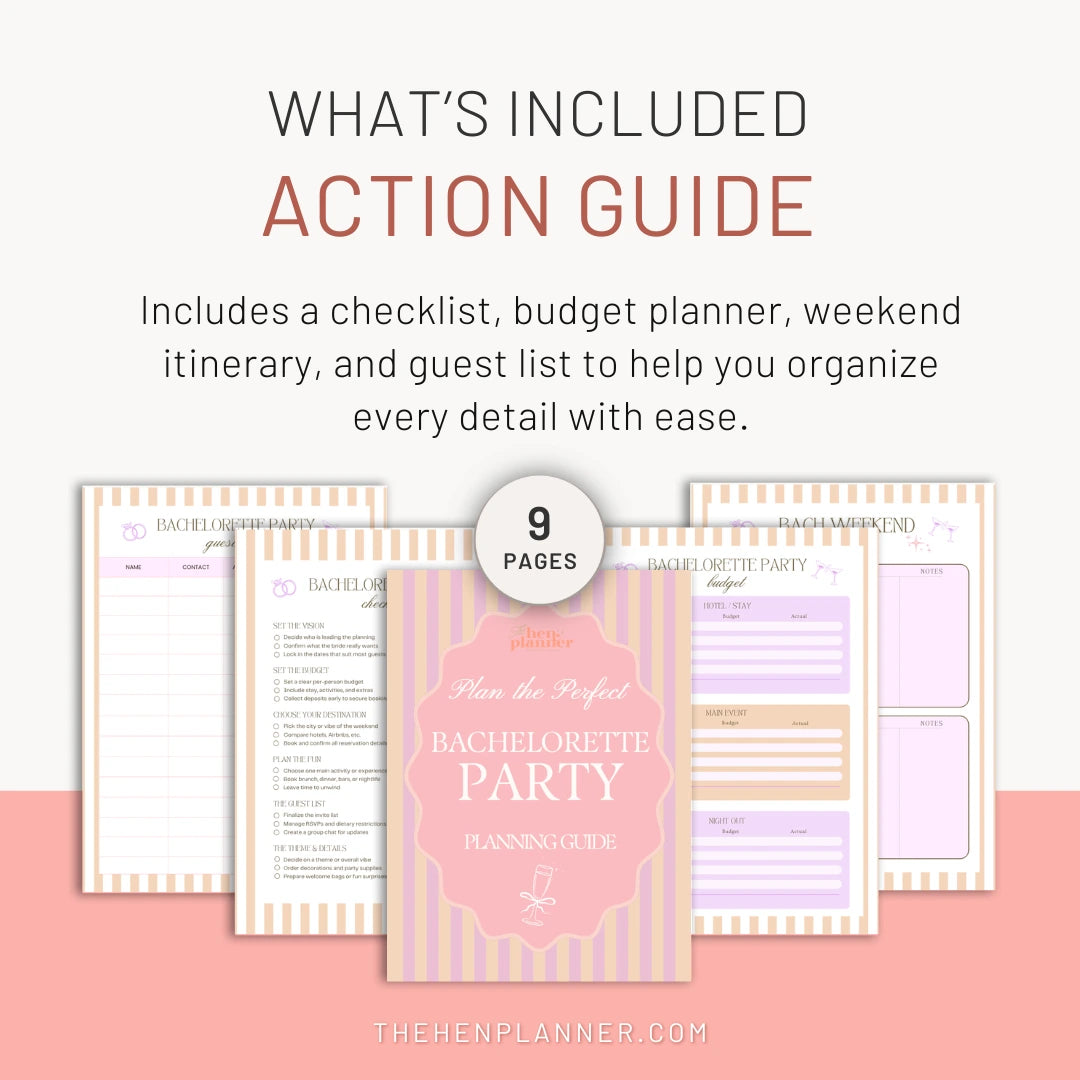 Bachelorette party planning guide with checklist, budget planner, and itinerary on a white background.