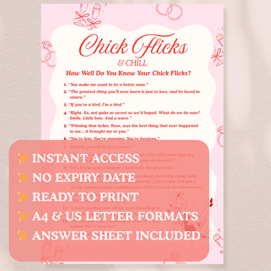 Chick Flicks and Chill printable hen party game