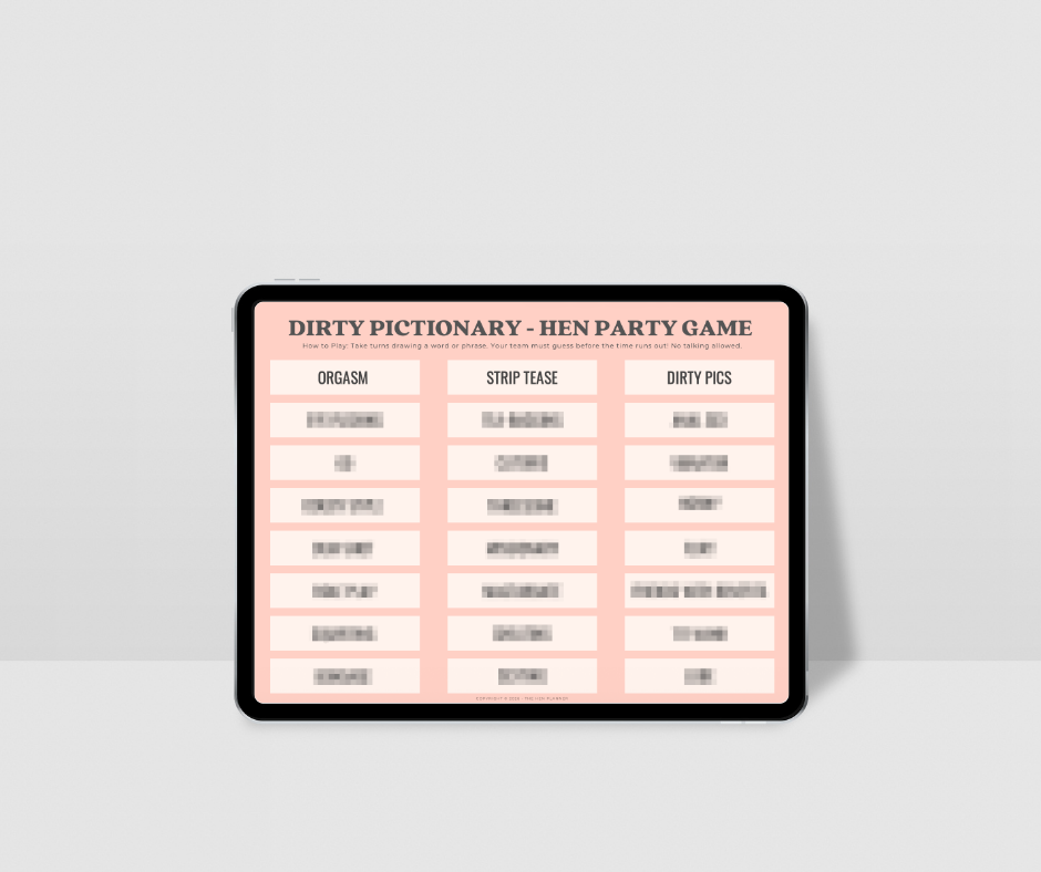 Dirty Pictionary hen party game sheet on a white background