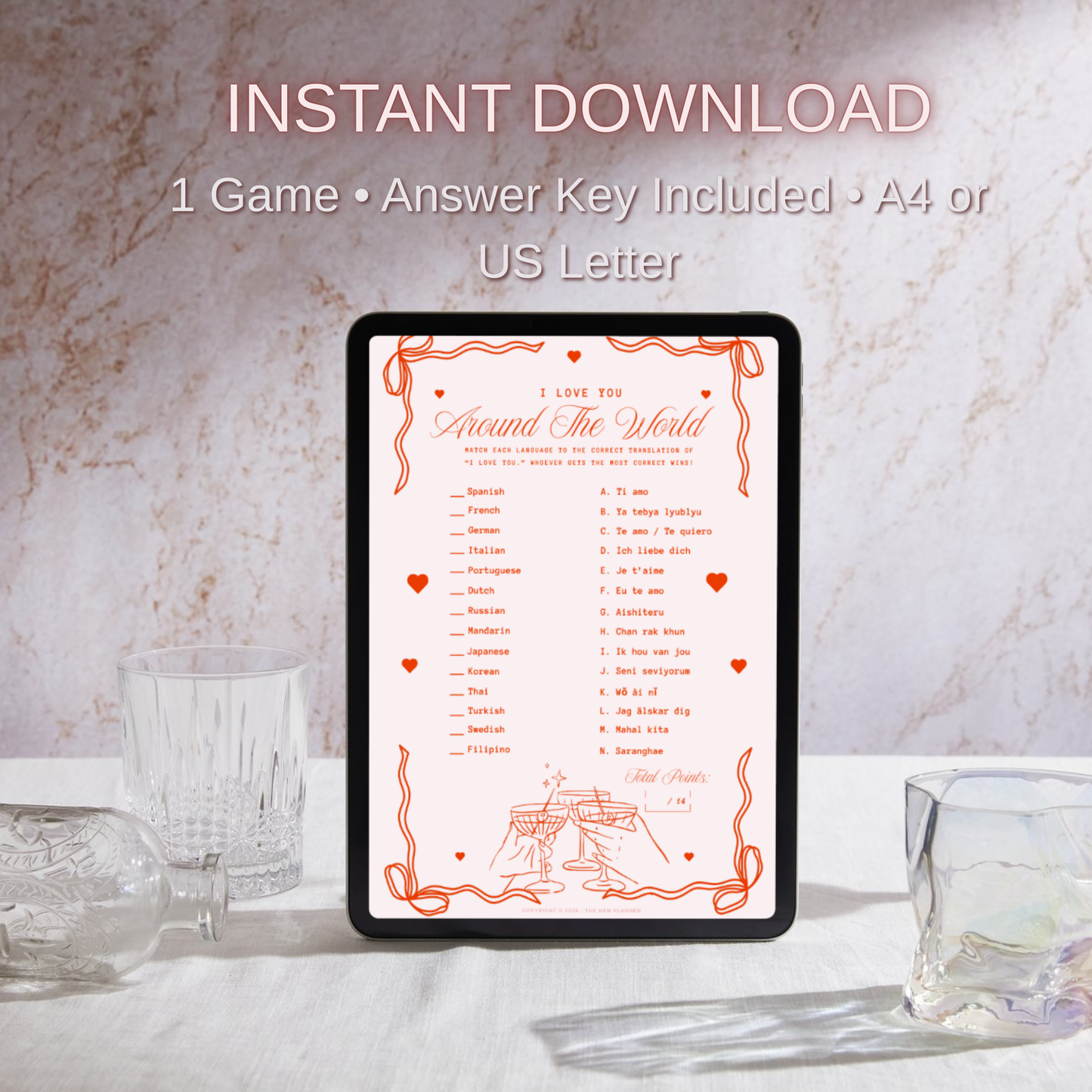 I Love You Around the World Matching Game | Hen Party Printable | Bachelorette Game | Bridal Shower Activity