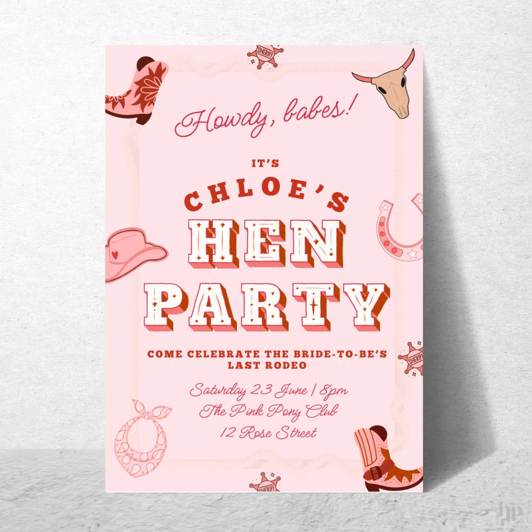 Pink hen party invitation with cowboy-themed graphics on a light gray background