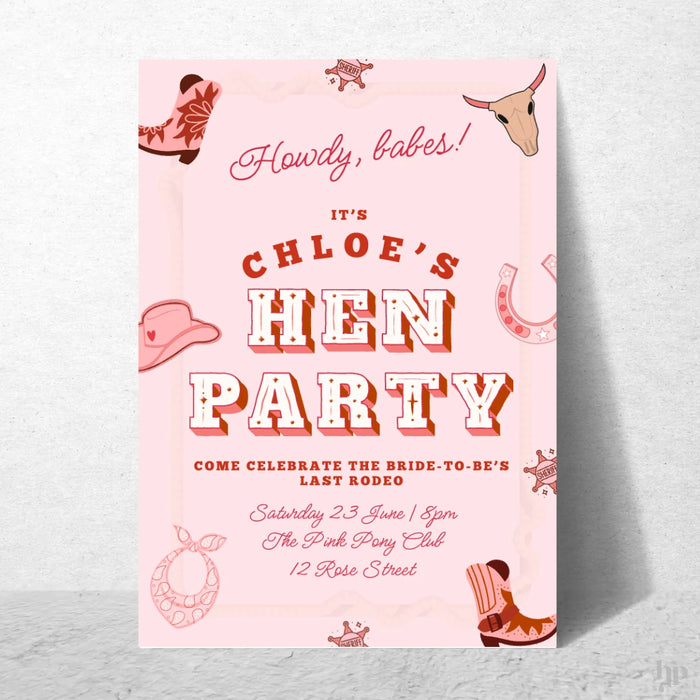 Pink hen party invitation with cowboy-themed graphics on a light gray background