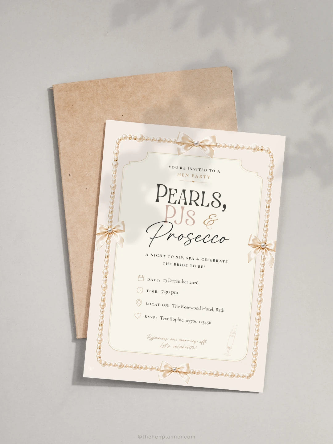 Invitation card with 'Pearls, Pies & Prosecco' text on a gray background