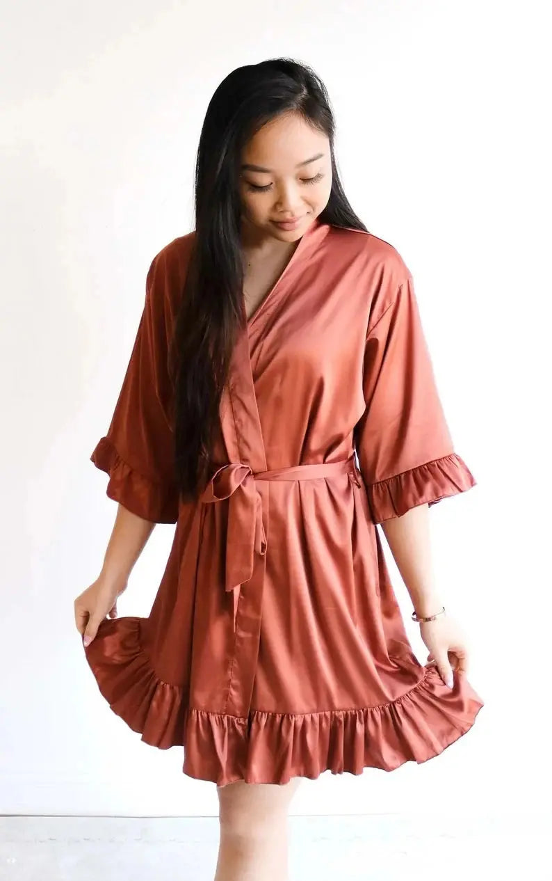 Personalized Bridesmaid Robes with a Ruffled Bridal Shower Dressing Gown Unique Wedding Day Robe For Bride Custom Ruffle Kimonos The Hen Planner