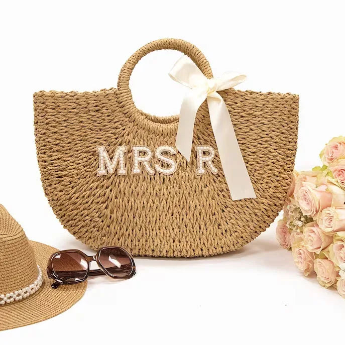 Personalised Straw Bride Tote Bag with Initial Letter | Bridal Beach Bag