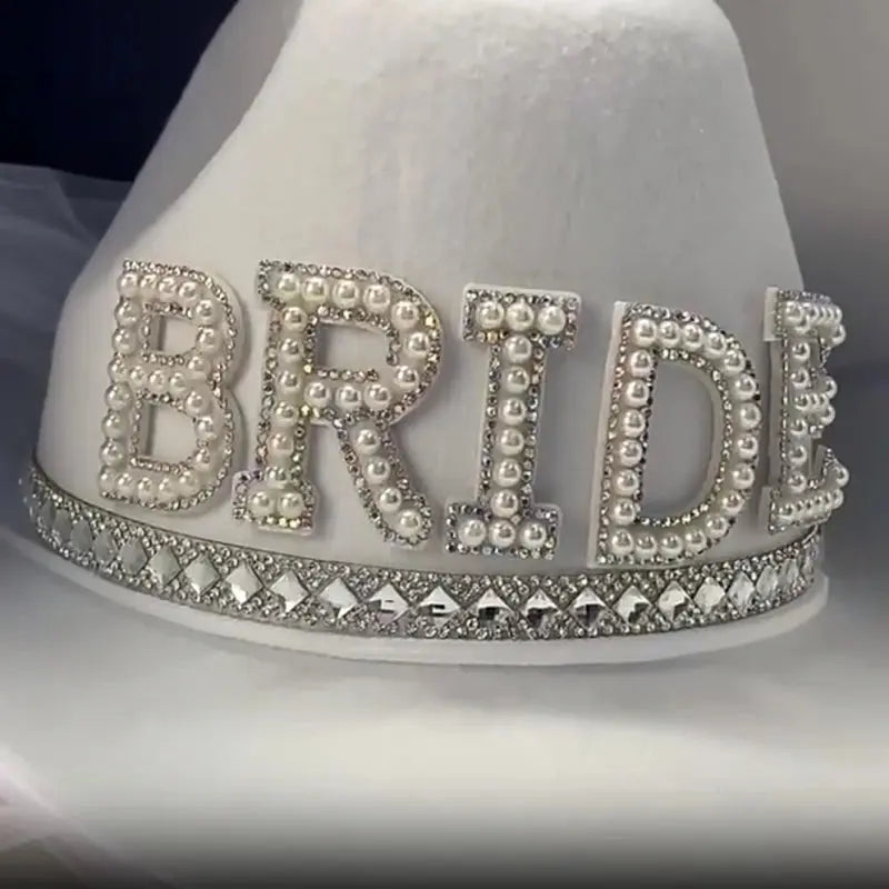 White Bride Cowboy Hat with Veil - The Hen Planner