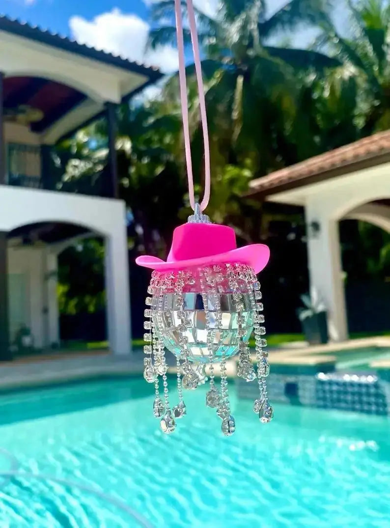 Fringe Rhinestone Pink Cowgirl Disco Ball Car Hanging Rear View Mirror Accessory Cowboy Trendy Cute Charms Christmas Ornaments The Hen Planner