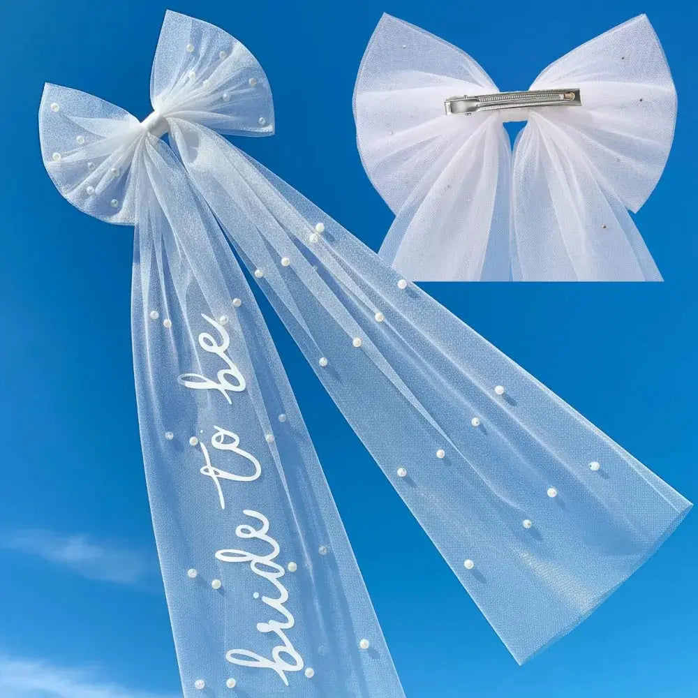 Bride To Be Bow Veil with Pearls Hair Bow Clip with Veil for Bachelorette Party Bridal Shower Wedding Engagement Photo Accessory The Hen Planner