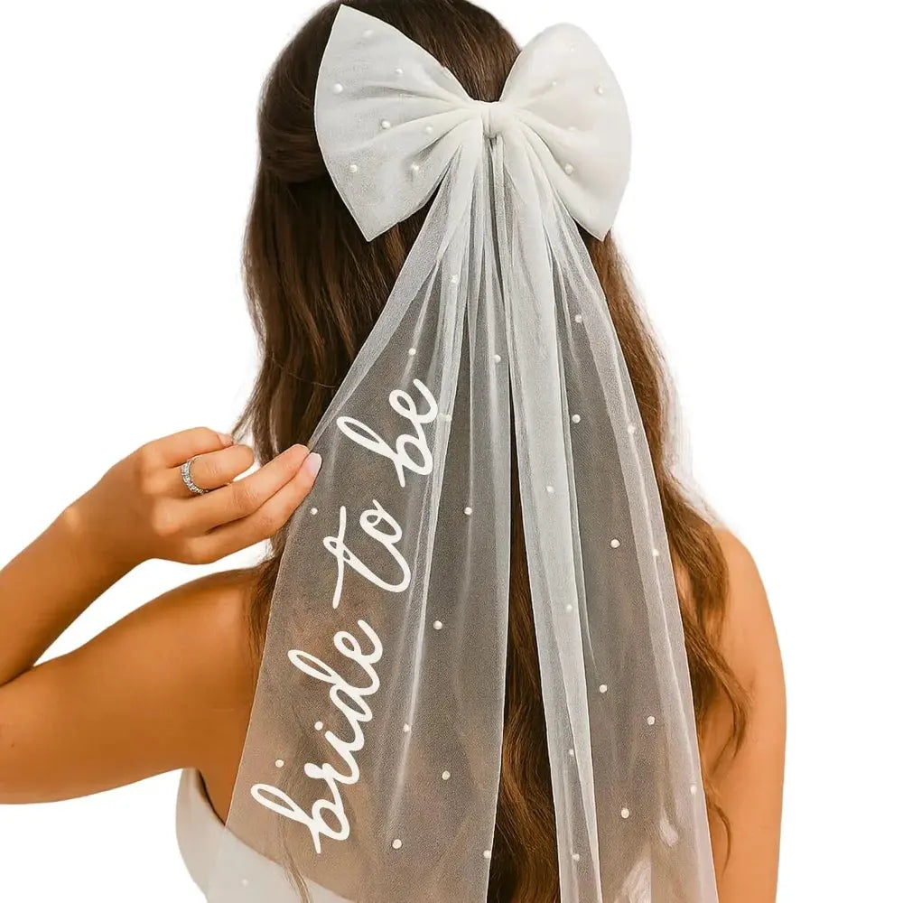 Bride To Be Bow Veil with Pearls Hair Bow Clip with Veil for Bachelorette Party Bridal Shower Wedding Engagement Photo Accessory The Hen Planner