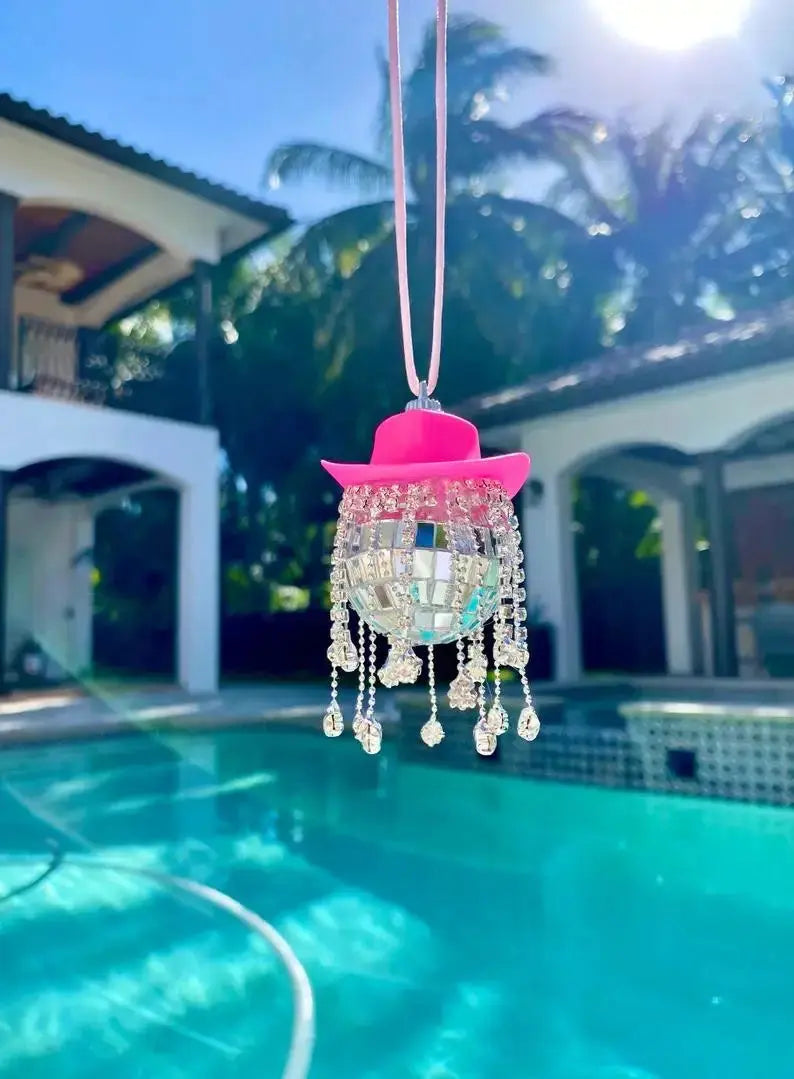 Fringe Rhinestone Pink Cowgirl Disco Ball Car Hanging Rear View Mirror Accessory Cowboy Trendy Cute Charms Christmas Ornaments The Hen Planner