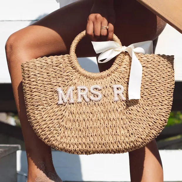 Personalised Straw Bride Tote Bag with Initial Letter | Bridal Beach Bag