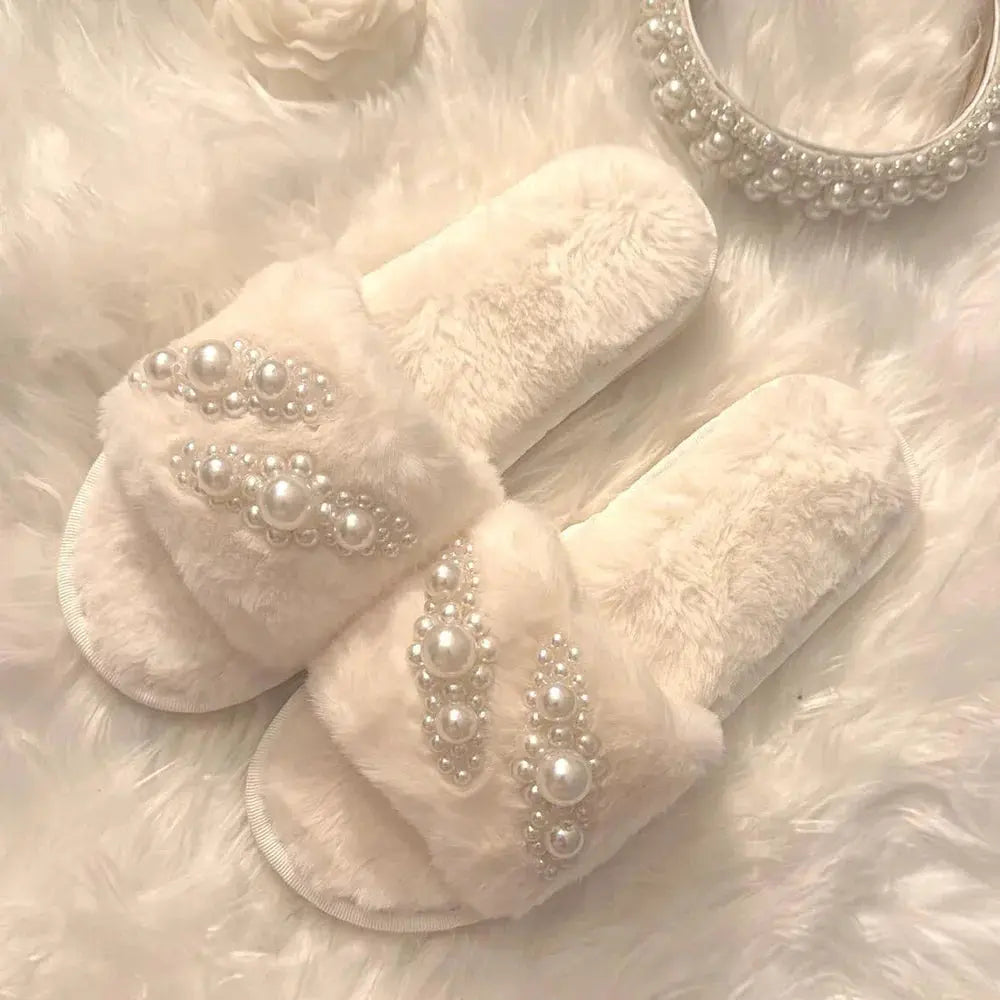 1pair Fluffy Pearl Embellished  Slippers Wedding Bachelorette Party Bridal Shower Decorate Supplies Bride To Be Bridesmaid Gifts The Hen Planner
