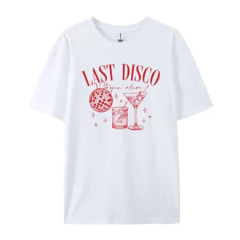 Last Disco Graphic Tee Bachelorette Party T Shirt Cocktail Party Shirt Team Bride Vintage T-Shirts for Women Retro Aesthetic Top The Hen Planner
