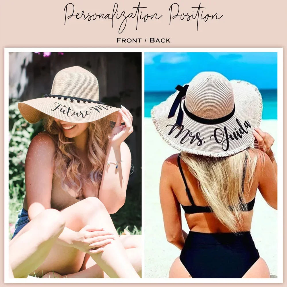 Two images of a woman wearing a sun hat with 'Future Mrs.' text, one at a beach and one outdoors.