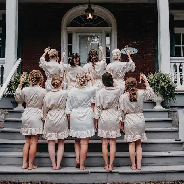 Personalized Bridesmaid Robes with a Ruffled Bridal Shower Dressing Gown Unique Wedding Day Robe For Bride Custom Ruffle Kimonos The Hen Planner