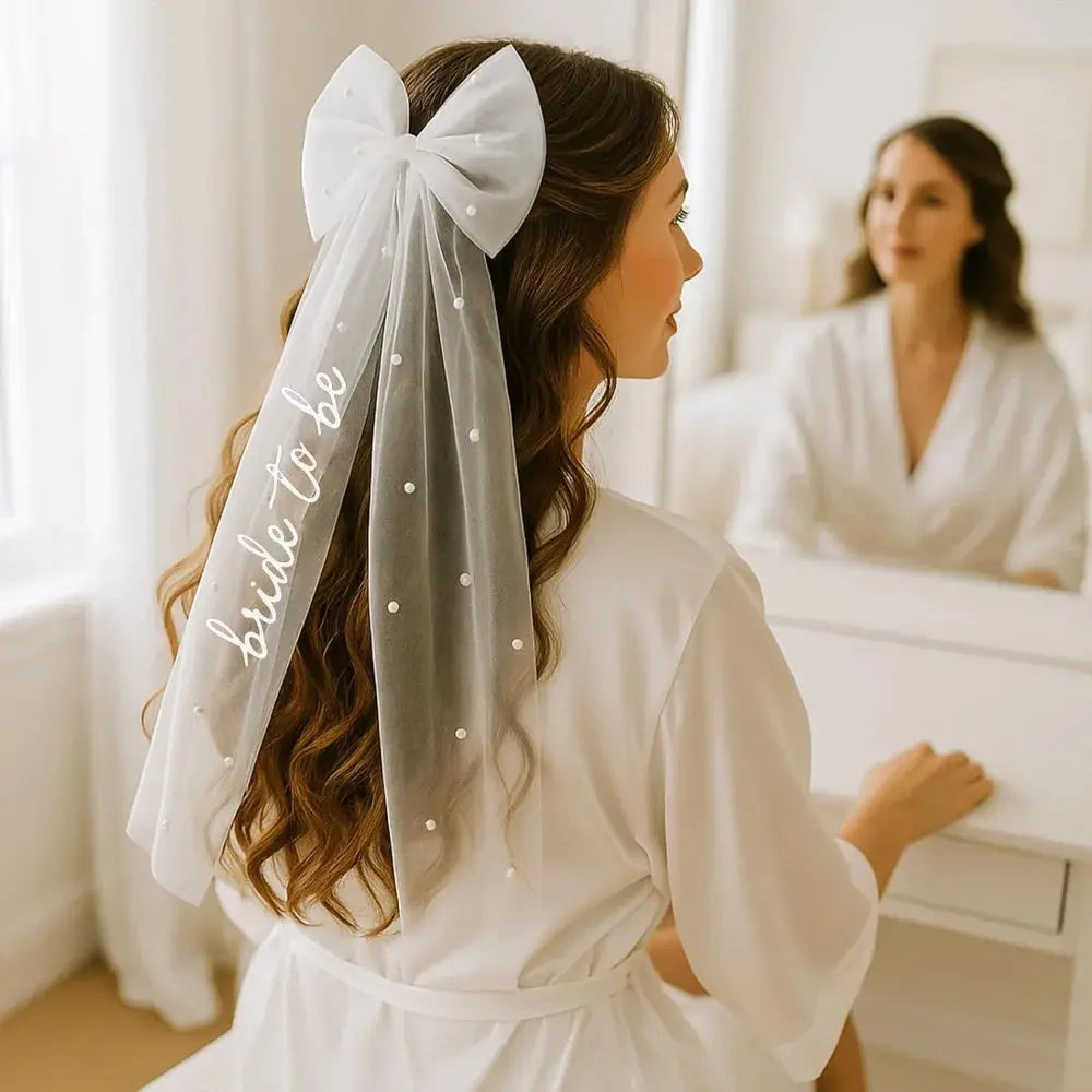 Bride To Be Bow Veil with Pearls Hair Bow Clip with Veil for Bachelorette Party Bridal Shower Wedding Engagement Photo Accessory The Hen Planner
