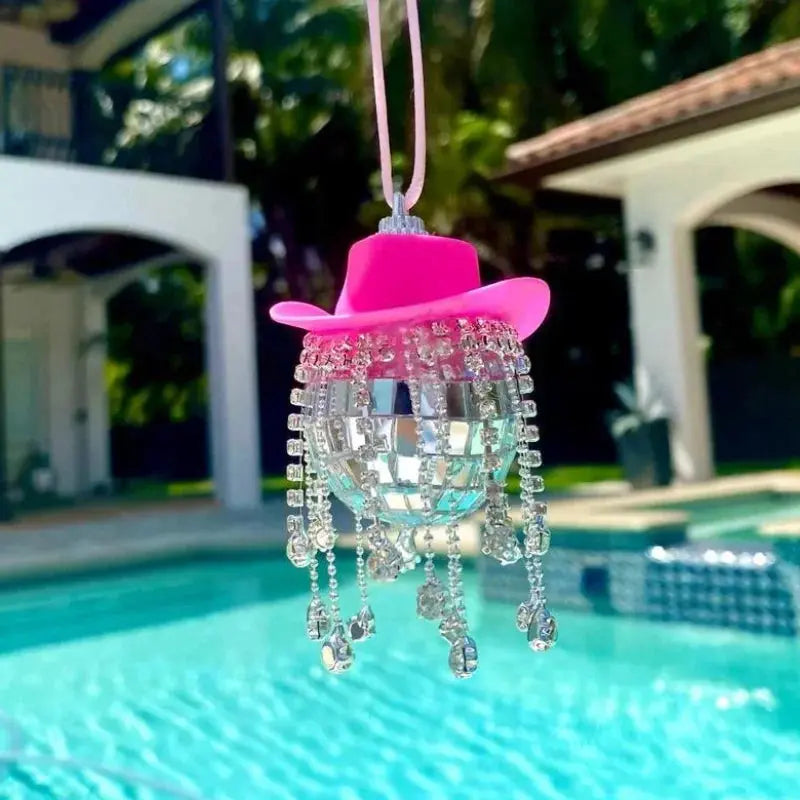 Fringe Rhinestone Pink Cowgirl Disco Ball Car Hanging Rear View Mirror Accessory Cowboy Trendy Cute Charms Christmas Ornaments The Hen Planner
