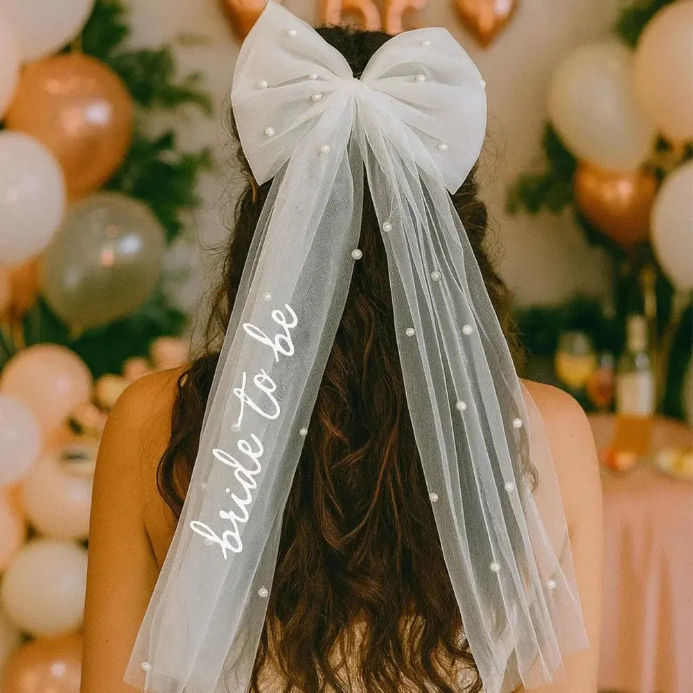 Bride To Be Bow Veil with Pearls Hair Bow Clip with Veil for Bachelorette Party Bridal Shower Wedding Engagement Photo Accessory The Hen Planner