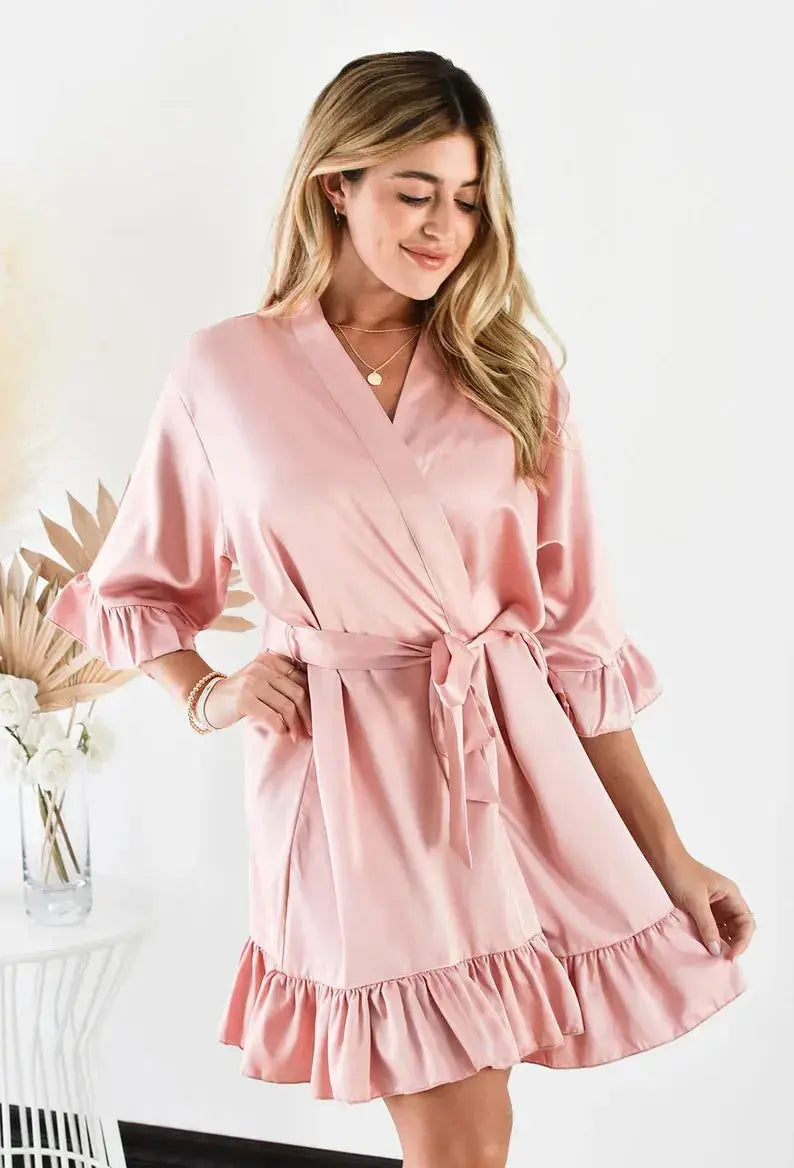 Personalized Bridesmaid Robes with a Ruffled Bridal Shower Dressing Gown Unique Wedding Day Robe For Bride Custom Ruffle Kimonos The Hen Planner
