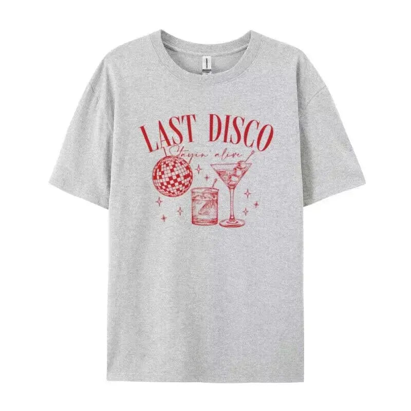 Last Disco Graphic Tee Bachelorette Party T Shirt Cocktail Party Shirt Team Bride Vintage T-Shirts for Women Retro Aesthetic Top The Hen Planner