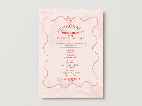 Henagrams printable hen party word game