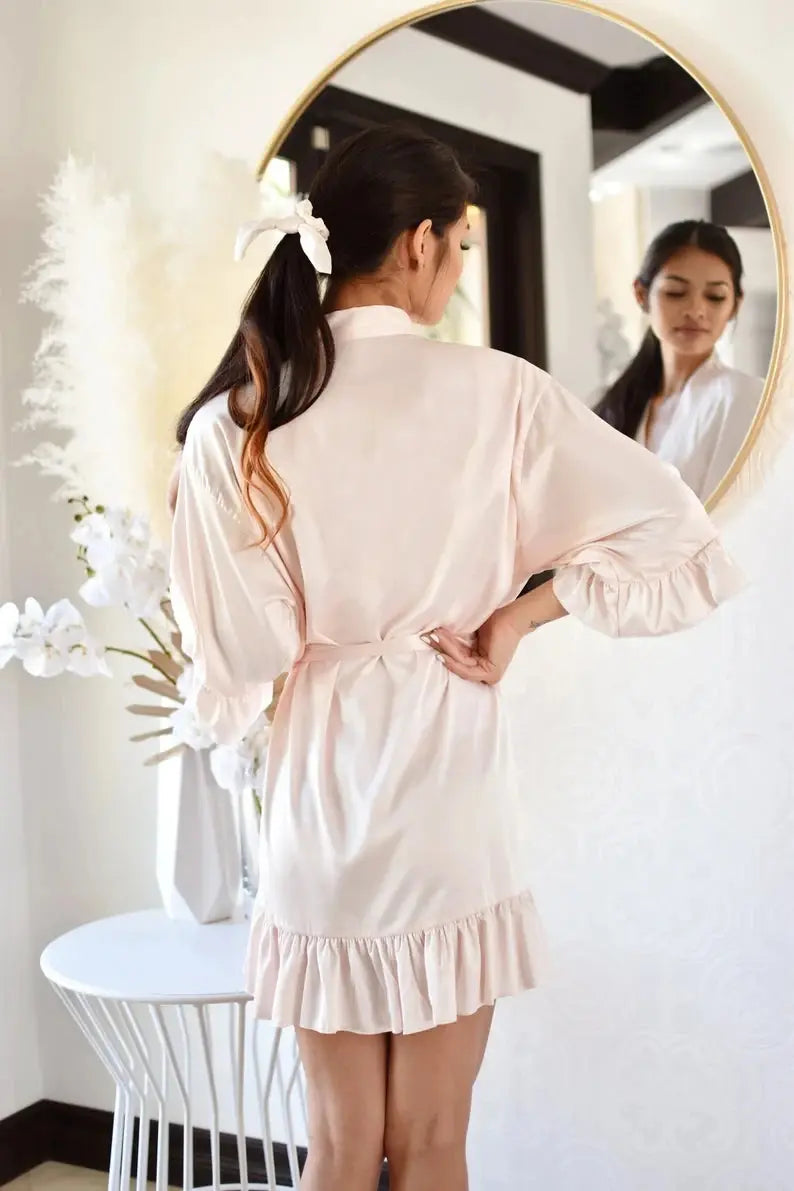 Personalized Bridesmaid Robes with a Ruffled Bridal Shower Dressing Gown Unique Wedding Day Robe For Bride Custom Ruffle Kimonos The Hen Planner