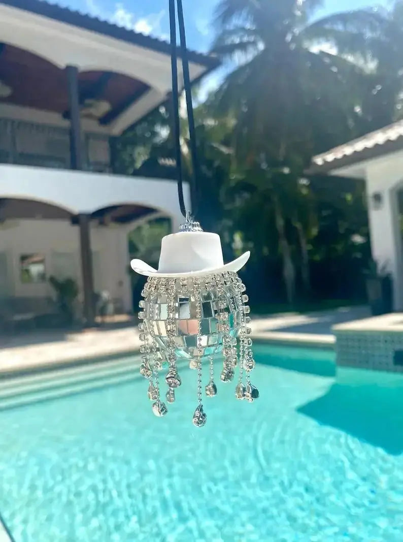Fringe Rhinestone Pink Cowgirl Disco Ball Car Hanging Rear View Mirror Accessory Cowboy Trendy Cute Charms Christmas Ornaments The Hen Planner