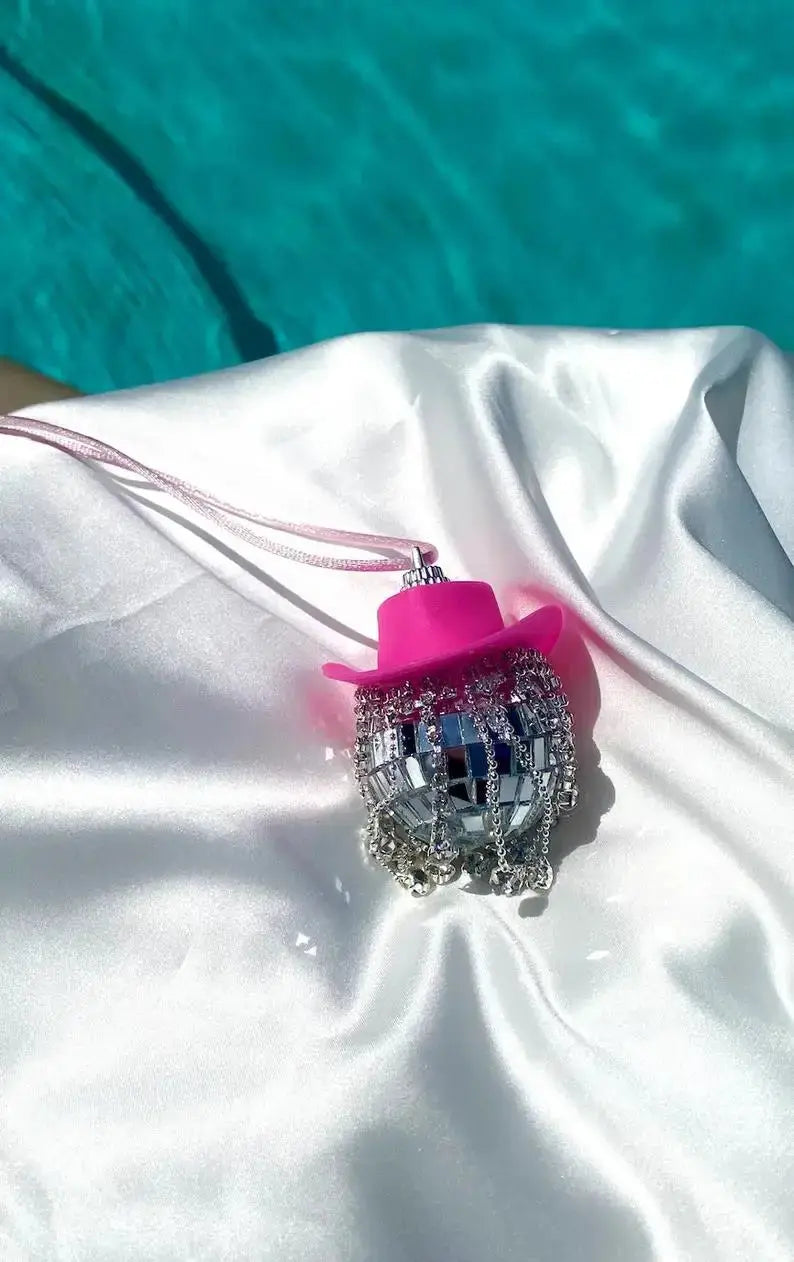 Fringe Rhinestone Pink Cowgirl Disco Ball Car Hanging Rear View Mirror Accessory Cowboy Trendy Cute Charms Christmas Ornaments The Hen Planner