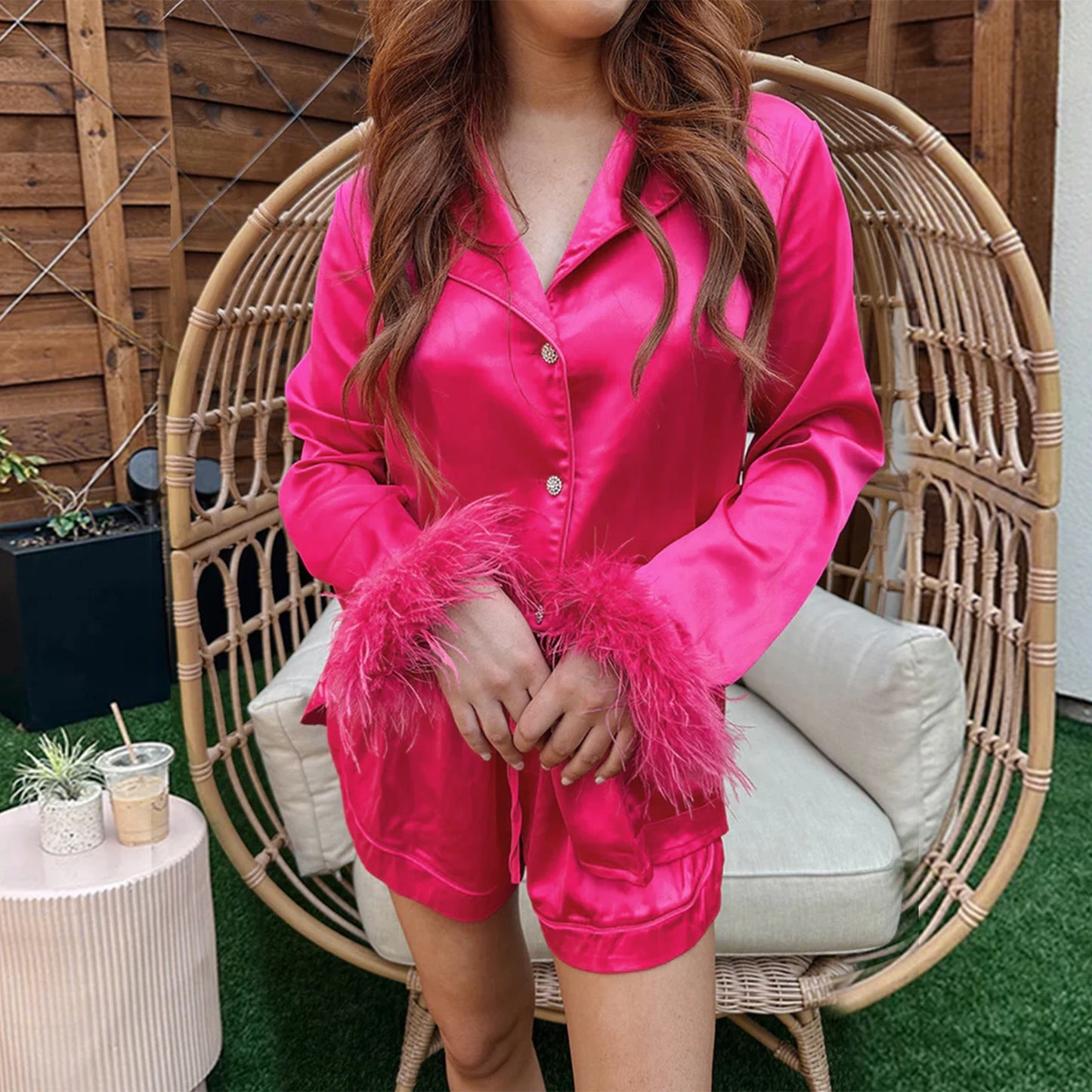 Hot Pink Satin Feather Trim Pyjama Set | Bridal Party Short Pyjamas