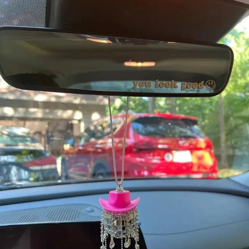 Fringe Rhinestone Pink Cowgirl Disco Ball Car Hanging Rear View Mirror Accessory Cowboy Trendy Cute Charms Christmas Ornaments The Hen Planner