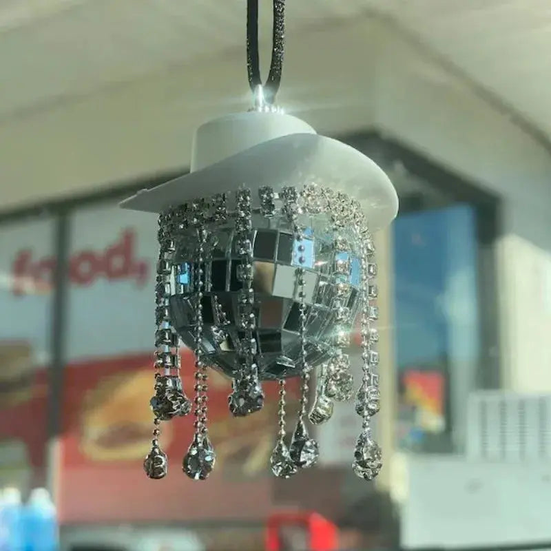 Fringe Rhinestone Pink Cowgirl Disco Ball Car Hanging Rear View Mirror Accessory Cowboy Trendy Cute Charms Christmas Ornaments The Hen Planner