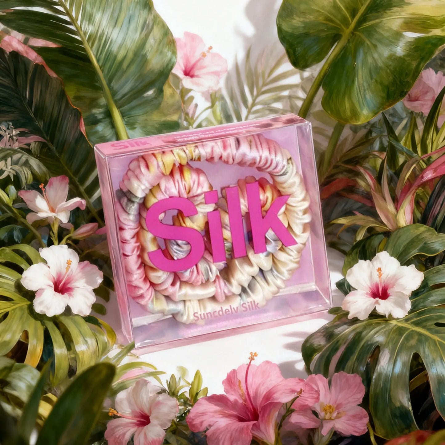 Box of hair ties with 'Silk' text surrounded by tropical flowers and leaves