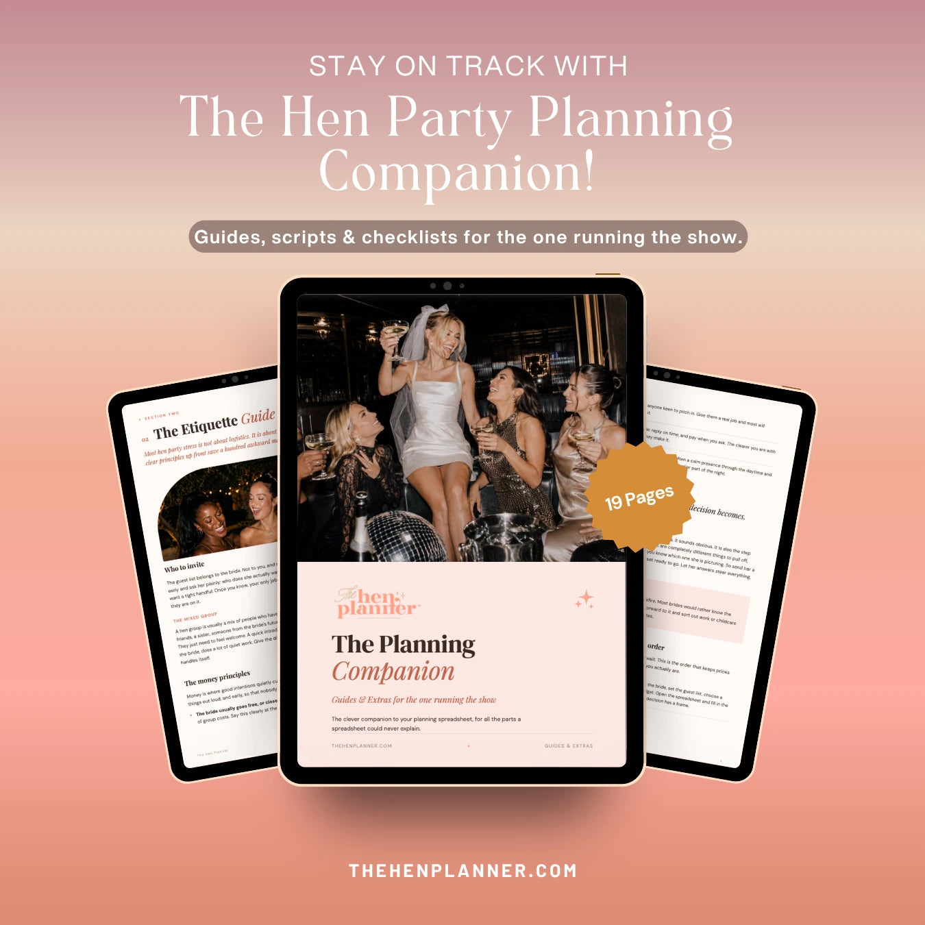 Advertisement for 'The Hen Party Planning Companion' with tablet displaying app interface on a pink background.