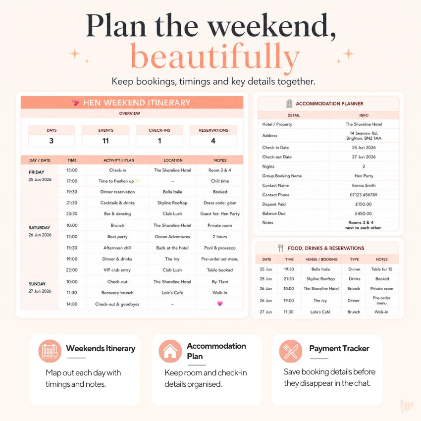 Weekend itinerary planner with accommodation plan and payment tracker on a white background