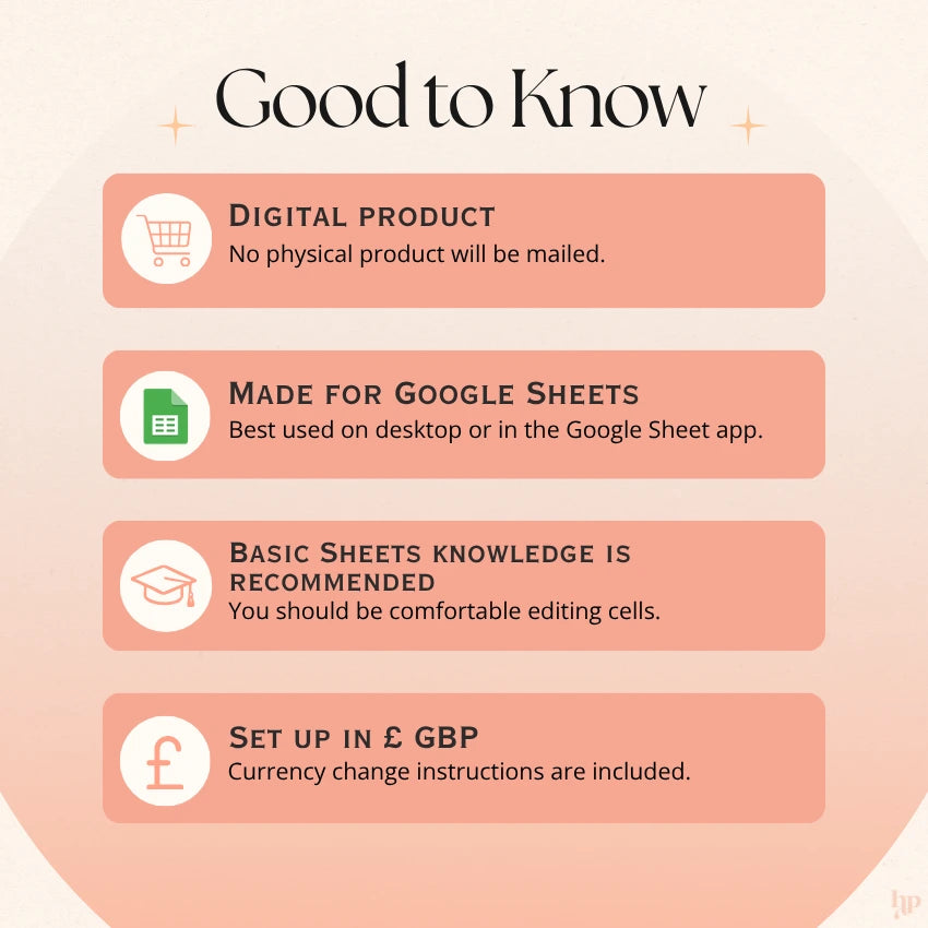 Informational graphic about a digital product for Google Sheets on a light pink background.