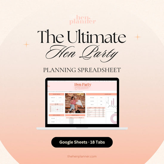 Ultimate Hen Party Planning Spreadsheet shown on a laptop