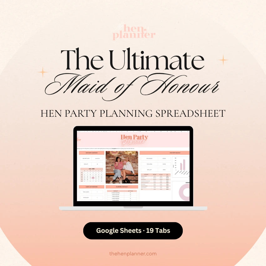 Hen party planning spreadsheet with laptop on a light pink background