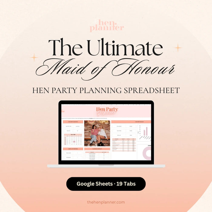 Hen party planning spreadsheet with laptop on a light pink background