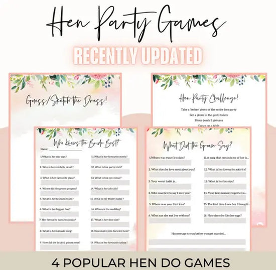 Set of four printable hen party games