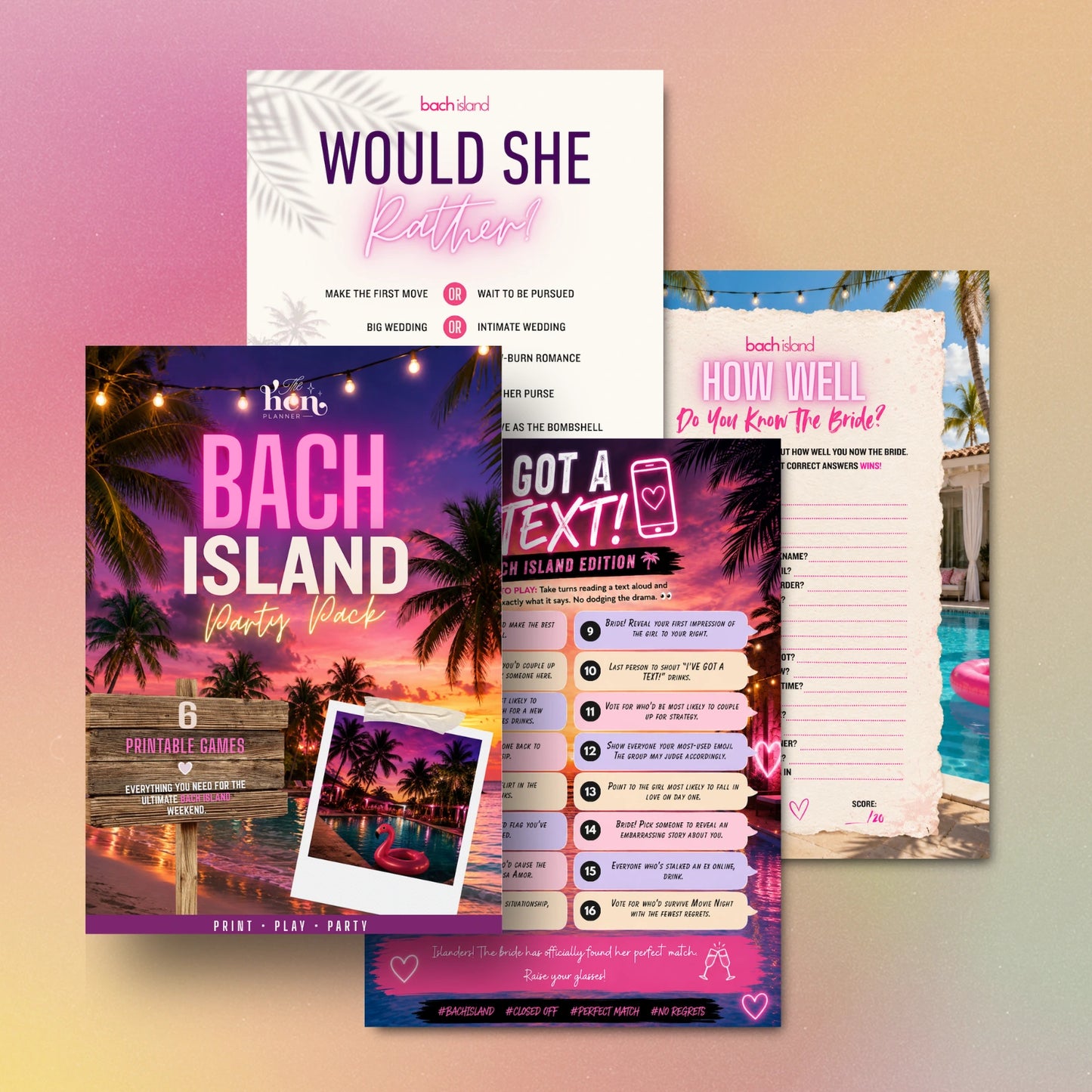 A coordinated set of bachelorette party game cards arranged on a pink-to-peach gradient background. 